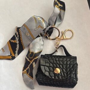 Stylish Black Textured bag Keychain/bag charm with Scarf Accent